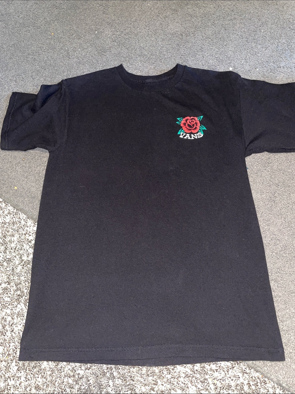 Van’s Black Tee with Red Rose Chest Embroidery